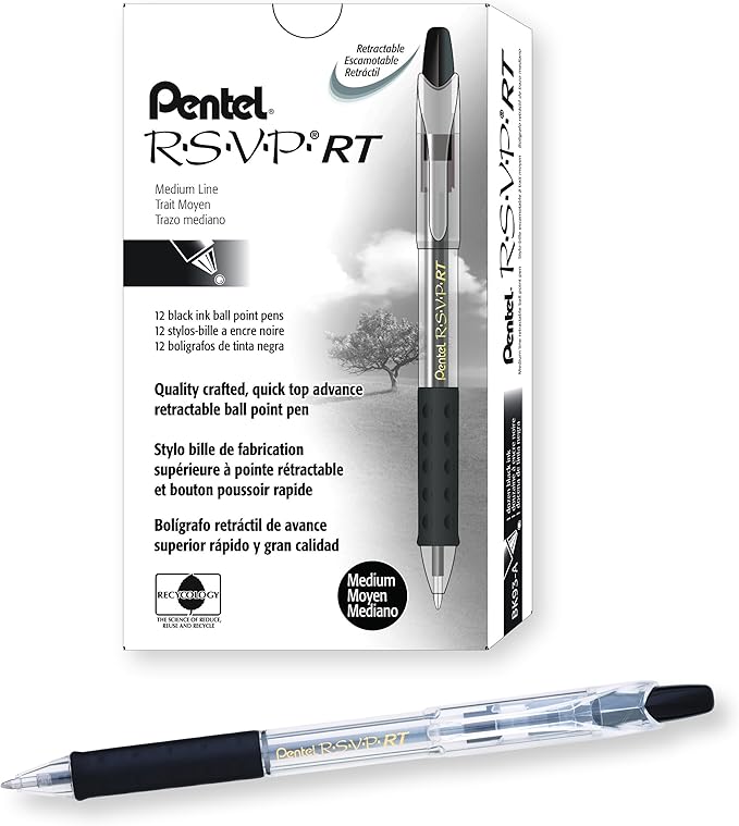 RSVP Pentel RT Retractable Ballpoint Pen, (1.0mm) Tip, Black Ink, Box of 12 (BK93-A)
