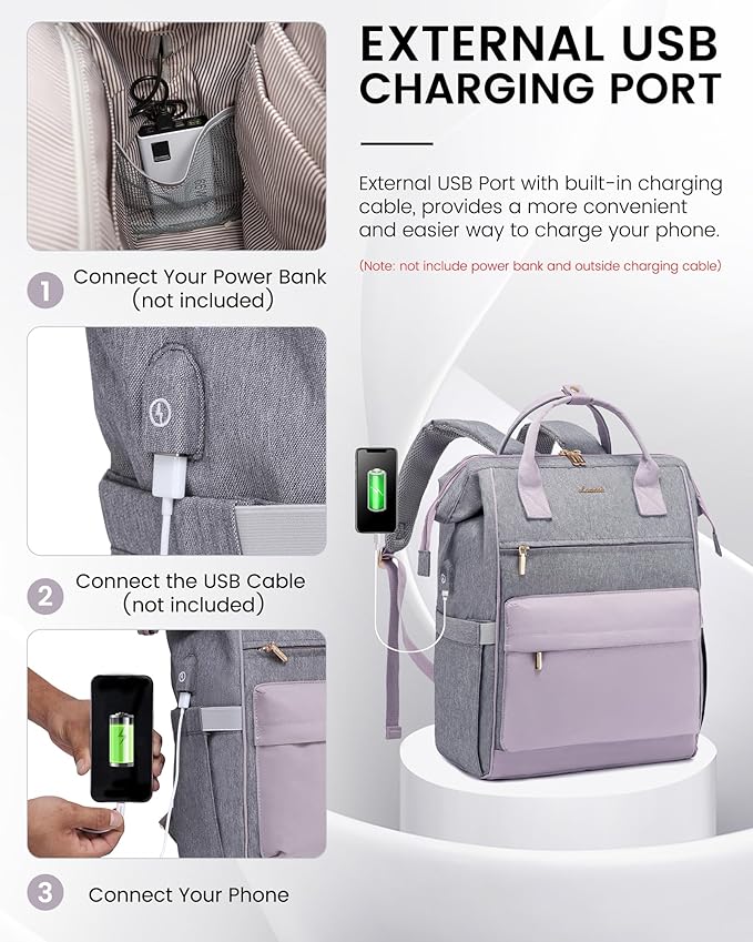 LOVEVOOK Laptop Backpack for Women, 17 Inch Work Teacher Nurse Bag, Large Capacity Business Computer Backpack Purse with USB Port, Stylish Casual Daypack for Travel,Grey&Light Purple