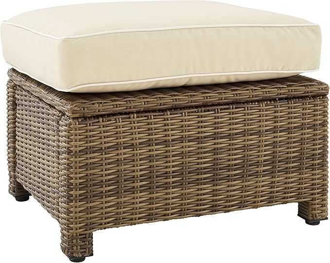 Crosley Furniture Bradenton Wicker Outdoor Ottoman Foot Rest for Patio, Deck, Porch, Brown with Sand Cushions