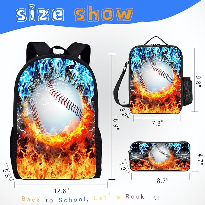3PCS Baseball Backpack Set for Boys, Lightweight Large Backpack with Lunch Box & Pencil Case, Cool Sport Bookbag for Kids, Back to School Backpacks for Elementary & Middle School - 01