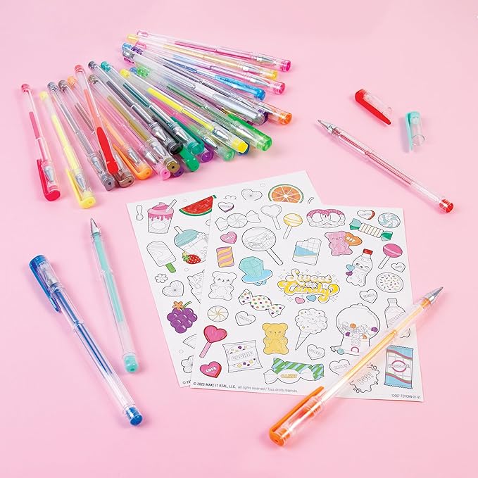 3C4G: 30 Scented Gel Pens - w/ 2 Color-in Snack Themed Sticker Sheets, 30 Different Vibrant Colors, Writing & Drawing, Three Cheers for Girls, Ages 6+