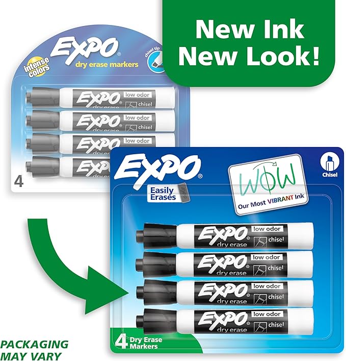 EXPO Dry Erase Markers, Low Odor Ink, Black, Chisel Tip, 4 Count - Whiteboard, Calendar, Organization, Essential Supplies for Office, School, Classroom, Teachers