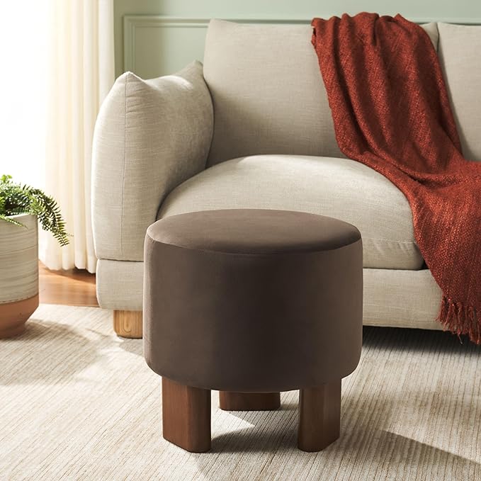 SAFAVIEH Home Collection Mista Chocolate Brown Velvet Round Ottoman Seat Foot Rest