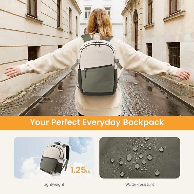 LOVEVOOK Everyday Backpack for Women, Chic Versatile Backpack with Water Bottle Pocket, Lightweight Waterproof Casual Daypack for City Work Commute, College, Travel & Gifts, Beige-Olive Green