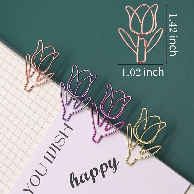 20 Pcs Metal Flower Paper Clips Set - Cute Large Decorative Paperclips for File Organization, School, Home Office and Wedding Decor 4 Colors (TULIPFLOWER)