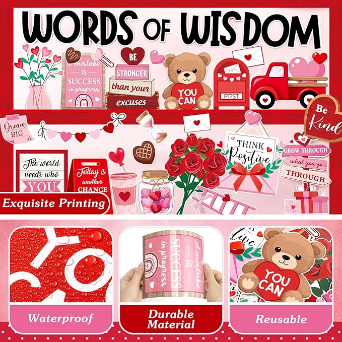 57 Pcs Sweet Bulletin Board Set Pink Red Heart Envelope Paper Cutouts Positive Quotes Classroom Bulletin Board Decor for School Chalkboard Wall Door Window