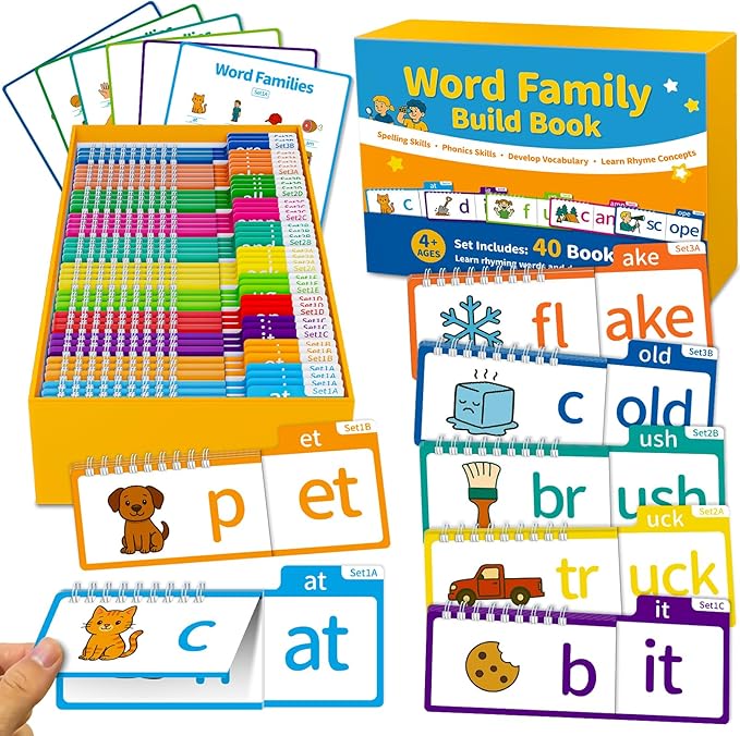 Word Family Build Book, 40 Read & Rhyme Flip Activity Books, Learn to Read Phonics Flash Cards for Preschool/Kindergarten, 1st-3rd Grade Kids, Ages 4-8 Homeschool Educational Learning Tools