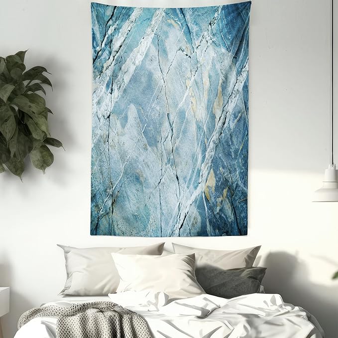 Ambesonne Marble Print Tapestry Queen Size, Exquisite Granite Stone Architecture Floor Nature Faded Rock Picture, Wall Hanging Bedspread Bed Cover Wall Decor, 88" X 88", Pale Blue Grey