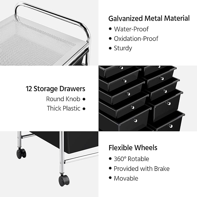 Yaheetech 12 Drawers Rolling Storage Cart Multipurpose Movable Organizer Cart Storage Bin Trolley Tools Scrapbook Paper Organizer on Wheels, Black
