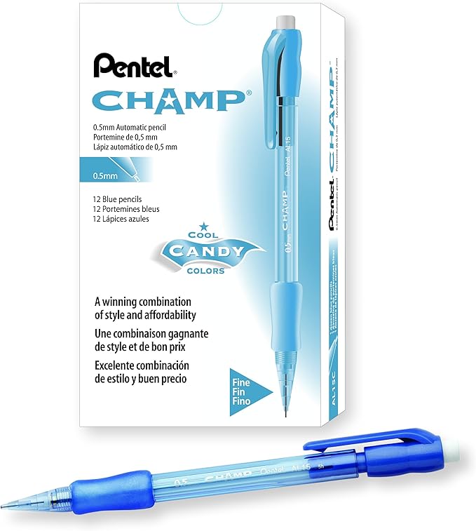 Pentel Champ Pencil, Automatic Pencil, 0.5mm Lead Size, Blue Barrel, Box of 12 (AL15C)