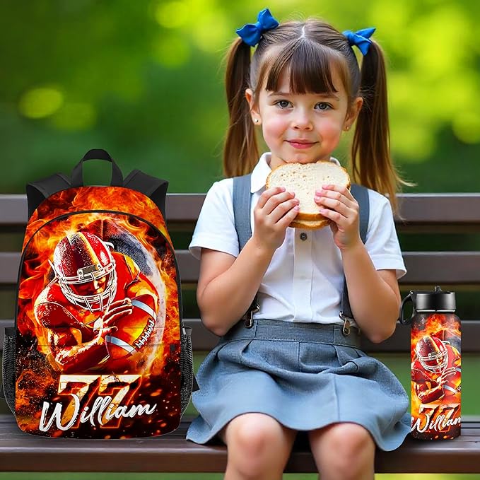 Custom Football School Backpack for Boys Personalized Name Bookbag Kids Backpacks with Lunch Box for Elementary Middle School
