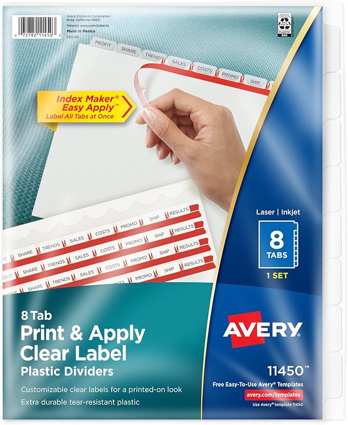 Avery 8 Tab Plastic Dividers for 3 Ring Binder, Easy Print & Apply Clear Label Strip, Index Maker Customizable Frosted White Tabs, 1 Set (11450)