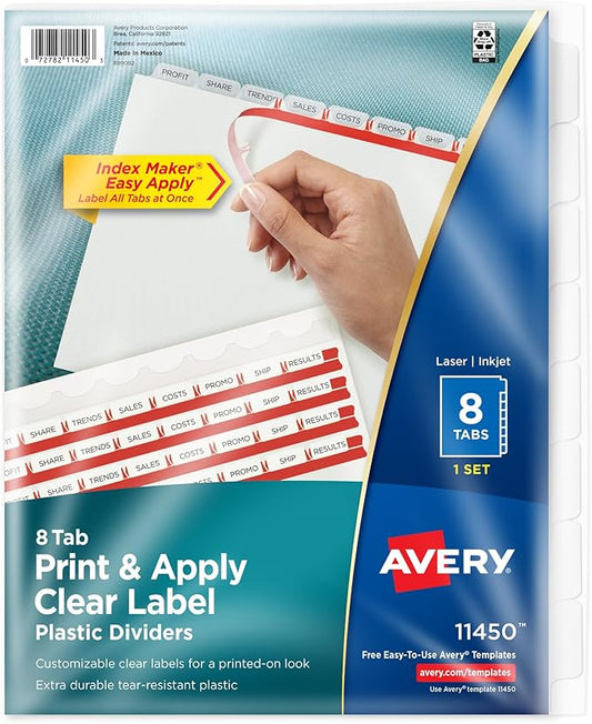 Avery 8 Tab Plastic Dividers for 3 Ring Binder, Easy Print & Apply Clear Label Strip, Index Maker Customizable Frosted White Tabs, 1 Set (11450)