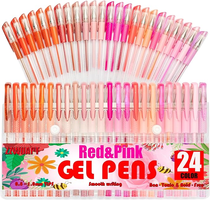 Red Pink Gel Pens,72 Color Gel Pens Set including 24 Color Gel Pen with 48 Refills,40% More Ink Colored Gel Pens for Drawing, Doodling, Scrapbook, Journaling