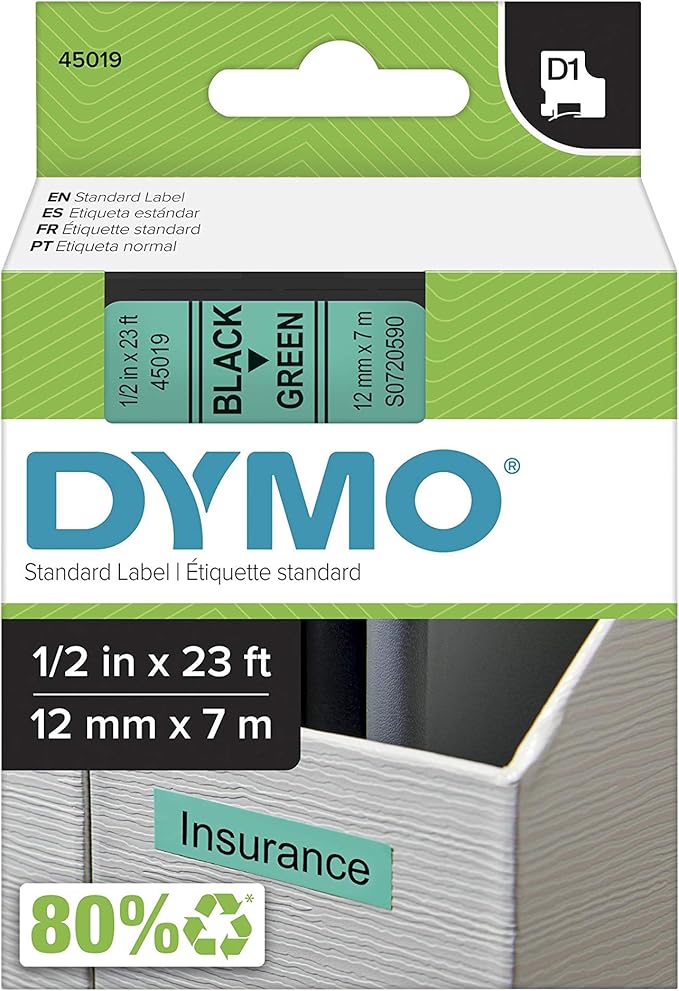 DYMO Standard D1 Labeling Tape for LabelManager Label Makers, Black Print on Green Tape, 1/2'' W x 23' L, 1 Cartridge (45019)