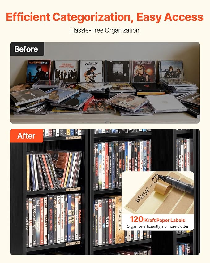 VEVOR Media Storage Cabinet, 4-Tier DVD Shelf Organizer, 24.02 x 14.49 x 33.31 in Multimedia Storage Organizer for CDs, DVDs, Books, Games, CD Shelf for Living Room, Home Office, Recording Room, Black