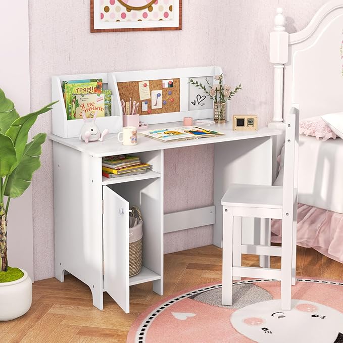 HONEY JOY Kids Desk and Chair Set, Wooden Children School Study Table and Chair w/Whiteboard, Hutch, Storage Shelves, Student Writing Desk Computer Workstation for Bedroom, 3+ Years Old (White)