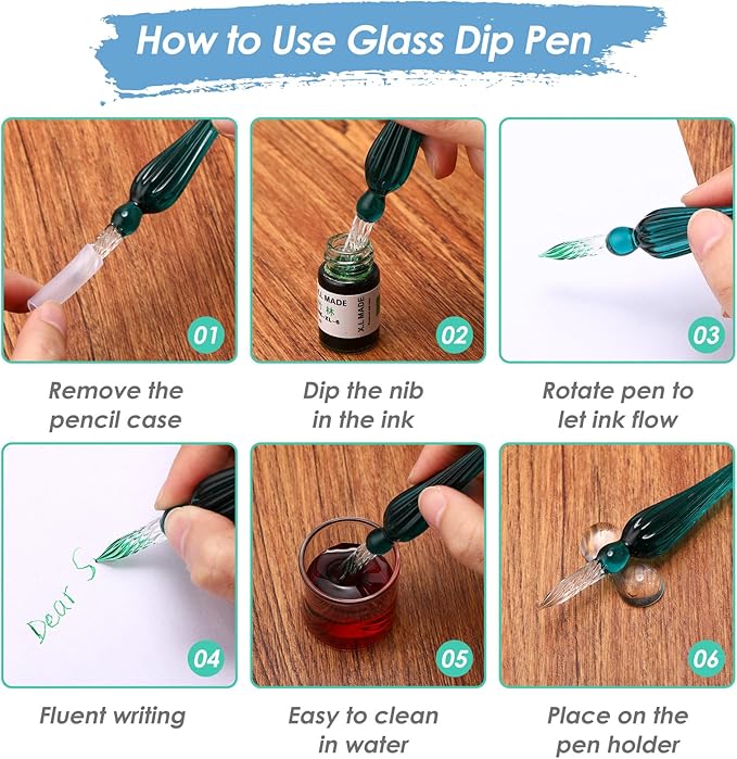 Outus 9 Pieces Glass Dip Pen Handmade Glass Signature High Borosilicate Crystal Vintage Dip Pen with 9 Pieces Penholder for Writing Drawing Calligraphy(Popular Style,Bright Color)