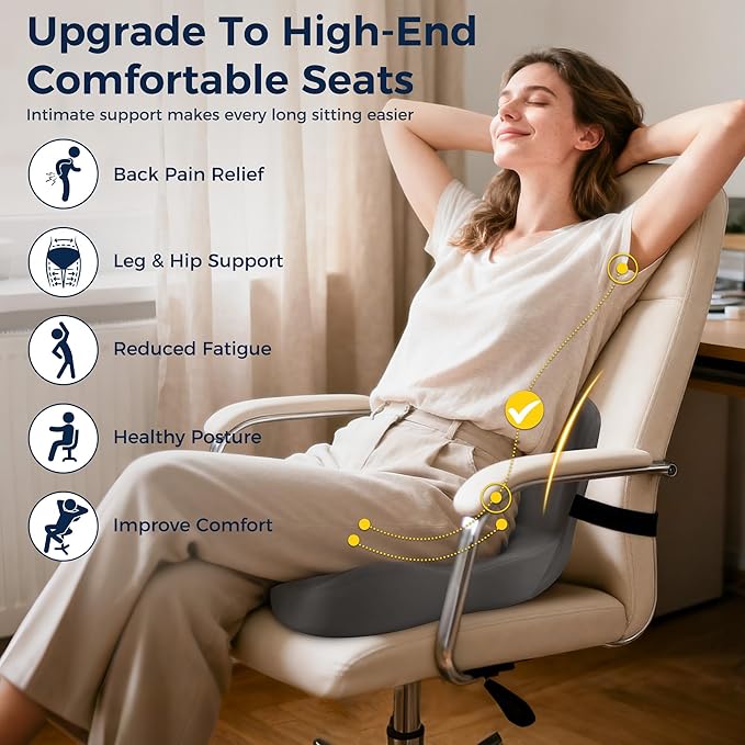 Seat Cushion, Office Chair Cushions for Tailbone Relief, Seat Cushions for Office Chair with L-Shaped Ergonomic Design & Adjustable Strap, Memory Foam Chair Cushion for Long Sitting Worker(Dark Gray)