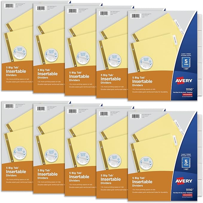 Avery 5 Tab Binder Dividers, Insertable Clear Big Tabs, 1 Set Pack, 10 Packs, 10 Sets Total (11110)