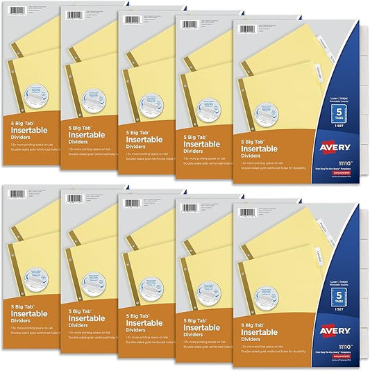 Avery 5 Tab Binder Dividers, Insertable Clear Big Tabs, 1 Set Pack, 10 Packs, 10 Sets Total (11110)