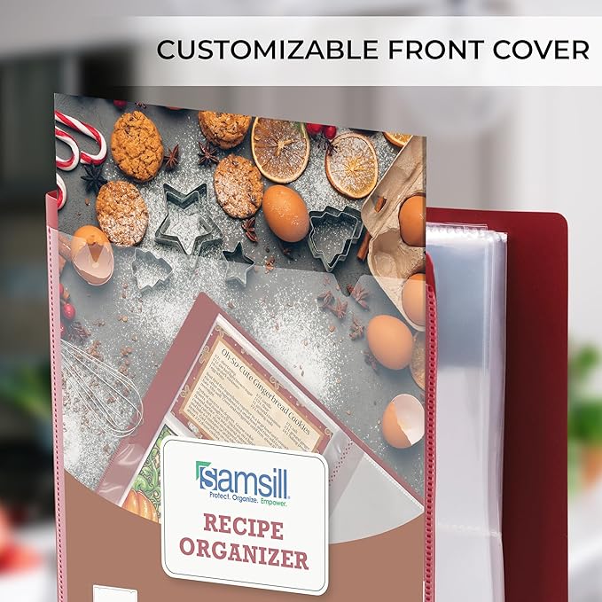 Samsill Plastic Recipe Holder, Recipe Book with Plastic Sleeves, Holds up to 88 Recipe Cards, 4x6 Index Cards, Customizable Cover