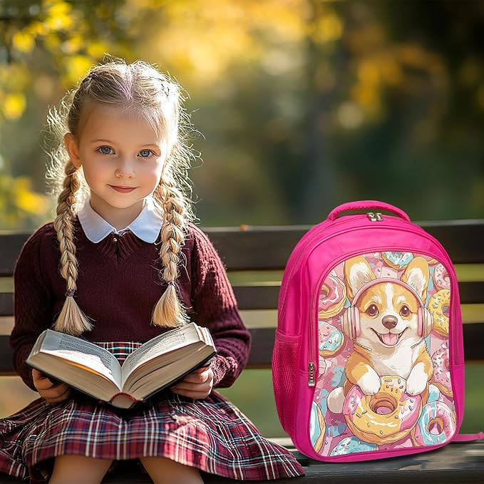 Corgi Donuts Backpack Set 3 Piece School Bags and Lunch Box with Pencil Case Pink Cartoon Dog Donut Animal Bookbag Set for Toddler Kids Girls Boys Teens Kindergarten Elementary Middle