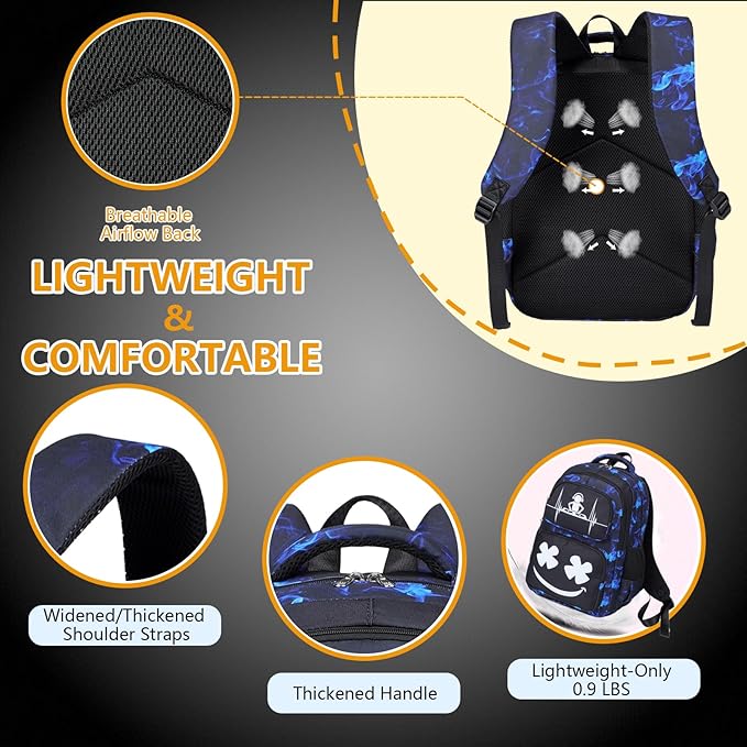 Boys Backpack with Lunch Box Glow in Dark Kids Ages 4-12 Kindergarten Elementary Middle School Teens Bookbag Mochilas Para Niños, Luminous Face Black Blue