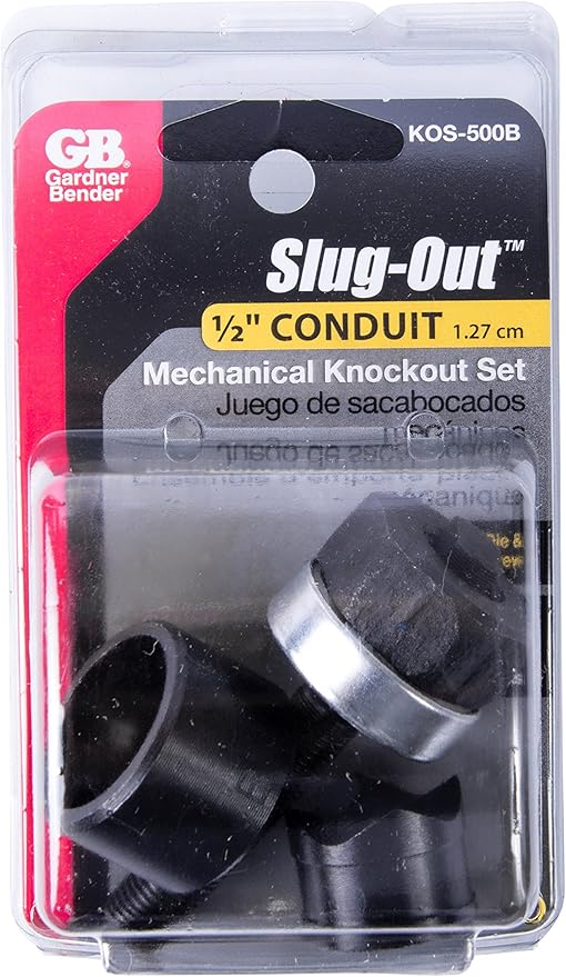 Gardner Bender Size, Color KOS-500B Slug-Out Mechanical Knockout Set, Contractor Punch, Die & Drive Screw, ½ Conduit Pipe Cutting Diameter, 10 Mild Steel & 12 AWG Stainless Steel