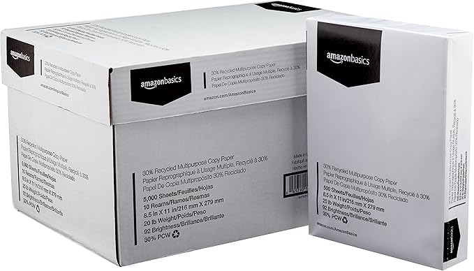 Amazon Basics 30% Recycled Multipurpose Copy Printer Paper, 8.5 x 11 Inches, 20 lb, Pallet, 400 Reams (200,000 Sheets), 92 Bright, White