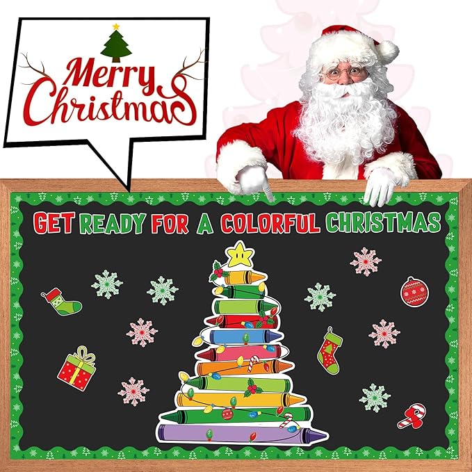 gisgfim Christmas Bulletin Board Decoration Set Colorful Crayon Christmas Tree Paper Cutouts Holiday Classroom Bulletin Board Decor for Xmas Winter Holiday Party School Door Home Wall(Crayon)