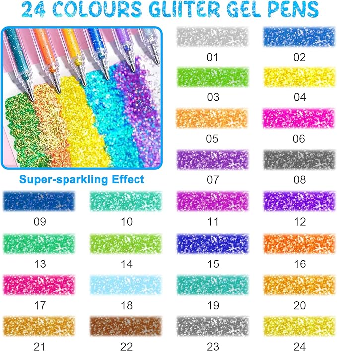 SAYEEC Glitter Gel Pens, 24 Colored Metallic Gel Pens Set, 1.0mm Super Sparkle Gel Ink Pens, Art Glitter Paint Markers for Adult Coloring Books Scrapbook Journaling Drawing Doodling Note Taking Crafts