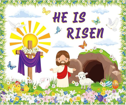 Pasimy Easter Bulletin Board Decorations Set Christian Easter Classroom Decorations Easter Bunny Egg Paper Cut Outs for School Nursery Spring Easter Birthday Party Supplies(Christian)