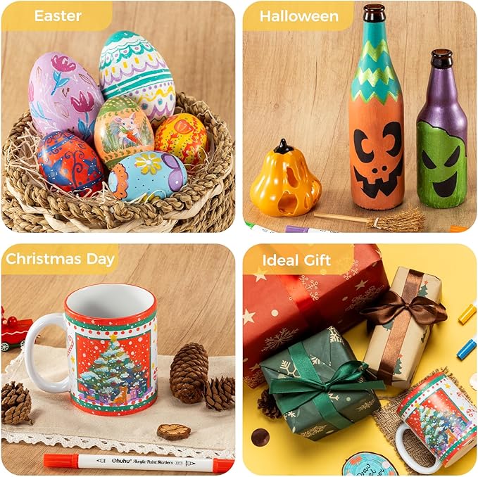 Ohuhu Acrylic Paint Markers Dual Tips: 36 Colors Brush & Fine Paint Pens High Opacity Acrylic Markers Waterproof Lightfast for Christmas Gifts Rock Painting 3D Prints Egg Wood Glass Ceramic DIY Crafts