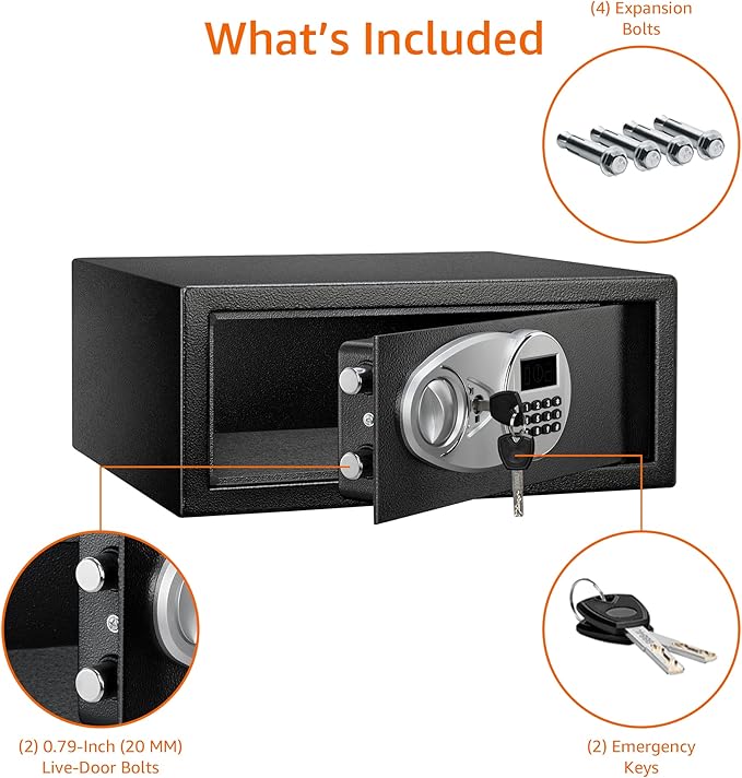 Amazon Basics Steel Security Safe and Lock Box with Digital Keypad, Electronic Lock, Emergency Key Open, Secure Cash, Jewelry, Documents, Black, 0.7 Cubic Feet, 16.9-x-14.6-x-7.1-inches (WxDxH)