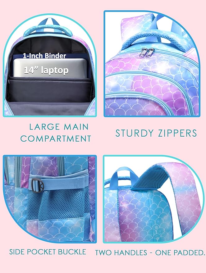BLUEFAIRY Girls Mermaid Backpack Set with Lunch Box - Lightweight School Bookbag for Kids Aged 4-8
