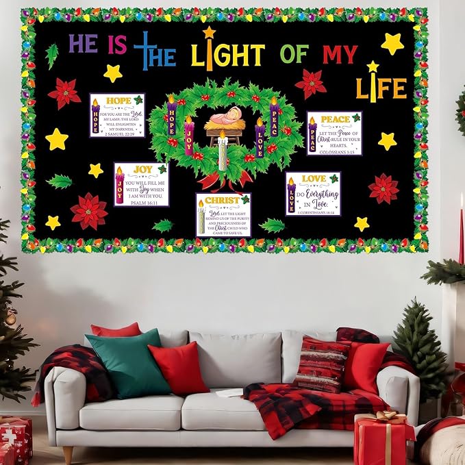Christmas Advent Bulletin Board Set Advent Wreath Candle Classroom Decoration Love Hope Joy Peace Cutouts Xmas Nativity Bulletin Board for Winter Holiday Christian Religious Sunday School Wall Decor