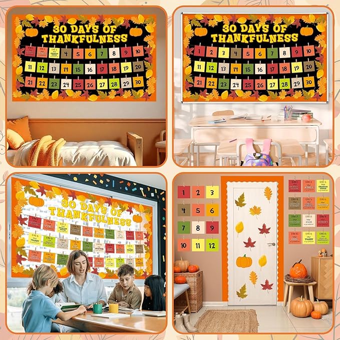 Thanksgiving Bulletin Board Set Fall Classroom Decorations Autumn Paper Cutouts 30 Days of Thankfulness Bulletin Board Maple Leaves Cutout for School Classroom Home Office Wall Door Decor Supplies