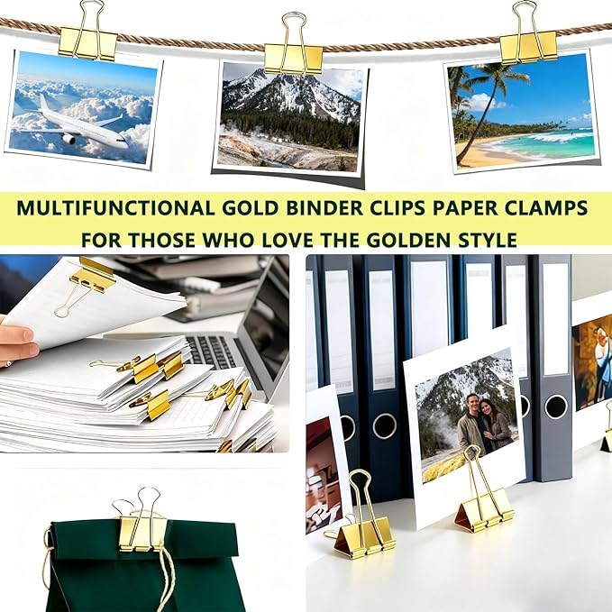 Gold Binder Clips Paper Clamps, Assorted Sizes Set (Large-20, Small-12, Medium-10,) 42 pcs Clips for Office School and Home Supplies, The Perfect Match for Those who Love The Golden Style