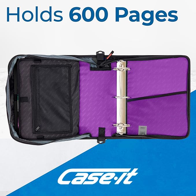Case-it Mighty Zip Tab School Zipper Binder | 3-Inch O-Rings, 600-Sheet Capacity, 5-Subject Expanding File Folder, Multiple Pockets & Storage Organizer, Shoulder Strap | D-146 Deep Purple
