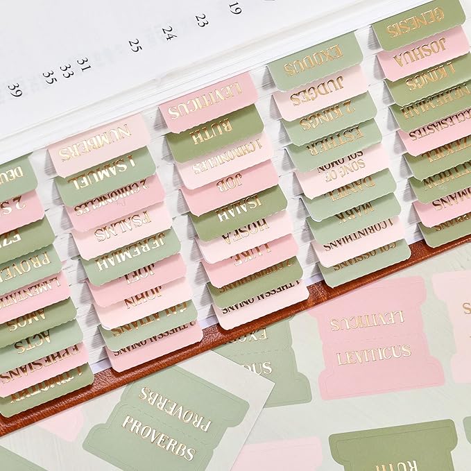 Bible Tabs, 66 Gold Foil Pre-Printed Chapter Labels + 39 Blank Water Lilies Theme Laminated Index Tabs with Alignment Ruler, Bible Journaling Study Supplies for Women & Men, Bible Sticker Accessories