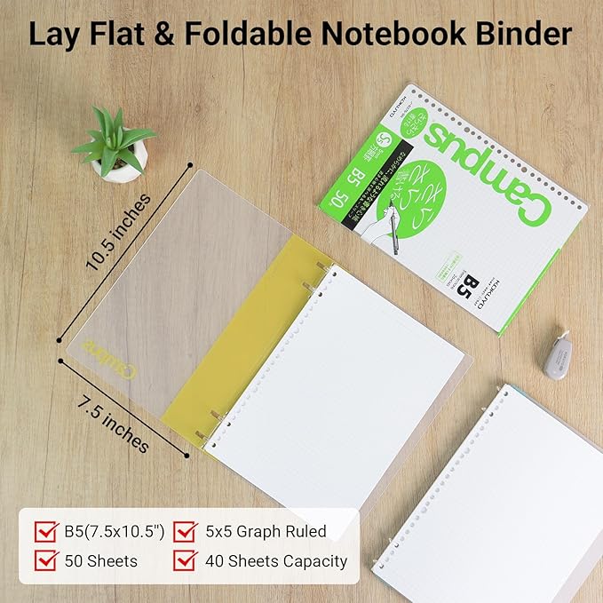 KOKUYO Campus 2x2 Spiral Binder Notebook Set, B5 Refillable Notebook + 50 Refill Papers with 5x5 Graph Ruled, 40 Sheet Capacity, Yellow, Perfect for Work, Study & Journal, Japan Import