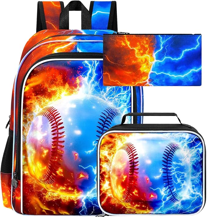 gxtvo 3PCS Boys Baseball Backpack, 17" Kids Bookbag with Lunch Box, Water Resistant Middle Elementary School Bag - Fire & Lightning Baseball