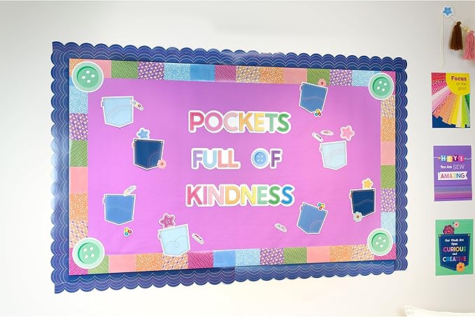 Carson Dellosa Crafty and Cool 58-Piece Pockets Full of Kindness Motivational Bulletin Board Set, Arts and Crafts Theme Growth Mindset Classroom Decor
