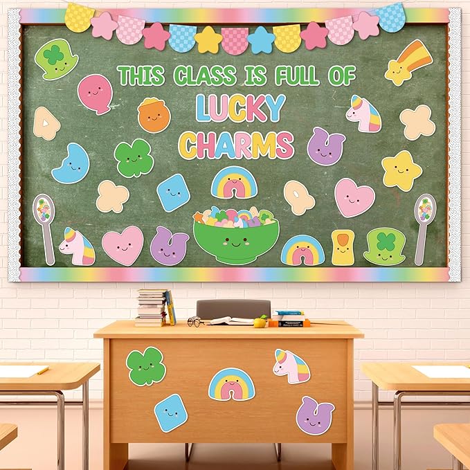 St. Patrick's Day Bulletin Board - 118pcs Lucky Charms Cutout with Banner Decor Set, Shamrock Rainbow Clover Chalkboard Classroom Wall School Accents Ideas Kits for Irish Day Party Supplies