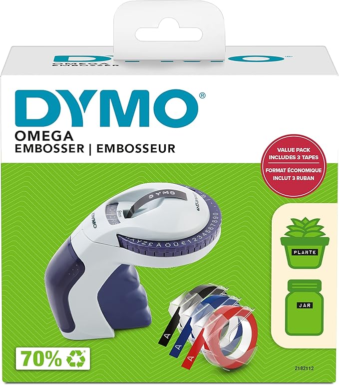 Dymo Embossing Label Maker with 3 Label Tapes | Omega Label Maker Starter Kit | Small, Ergonomic Design with Turn Click Wheel | for Home, DIY & Crafting (£/€, Ä, Ö & Ü)