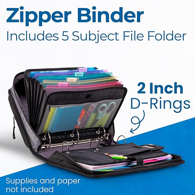 Case-it The Dual 2.0 2-in-1 Zipper Binder | Two 2-Inch D-Rings, 700 Sheet Capacity, 5-Subject Expanding File Folder, Multiple Pockets & Storage Organizer, Shoulder Strap | Dual-301 Deep Purple