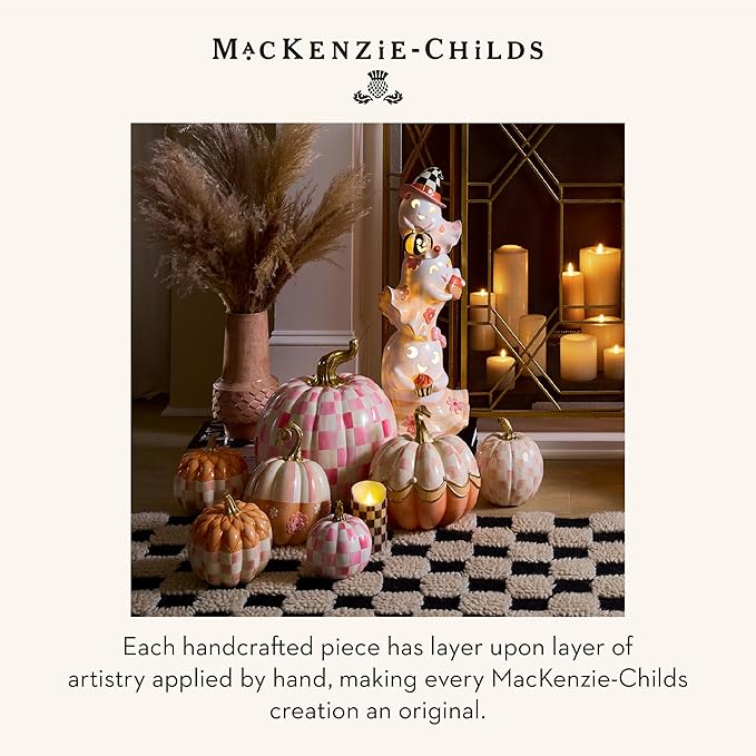 MACKENZIE-CHILDS Pumpkin, Resin Halloween and Fall Decor, Small, Pink-and-White Rosy Check