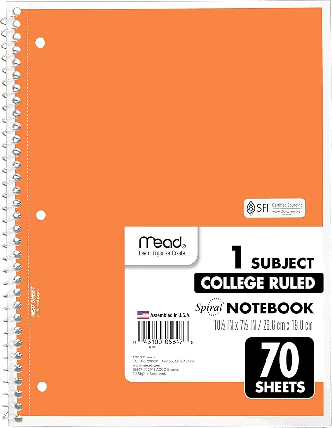 Mead Spiral Notebooks, 6 Pack, 1-Subject, College Ruled Paper, 10-1/2" x 8”, 70 Sheets per Notebook, Assorted Colors (73065)…