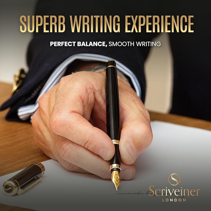 Scriveiner Luxury Fountain Pen - Stunning Black Lacquer Pen, Real Gold Finish, Schmidt Gilded Nib (Extra Fine), Converter, Best Pen Gift Set for Men & Women, Professional, Executive, Office, Nice Pens